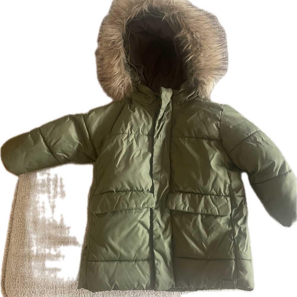 Green Puffer Jacket with Faux Fur Hood